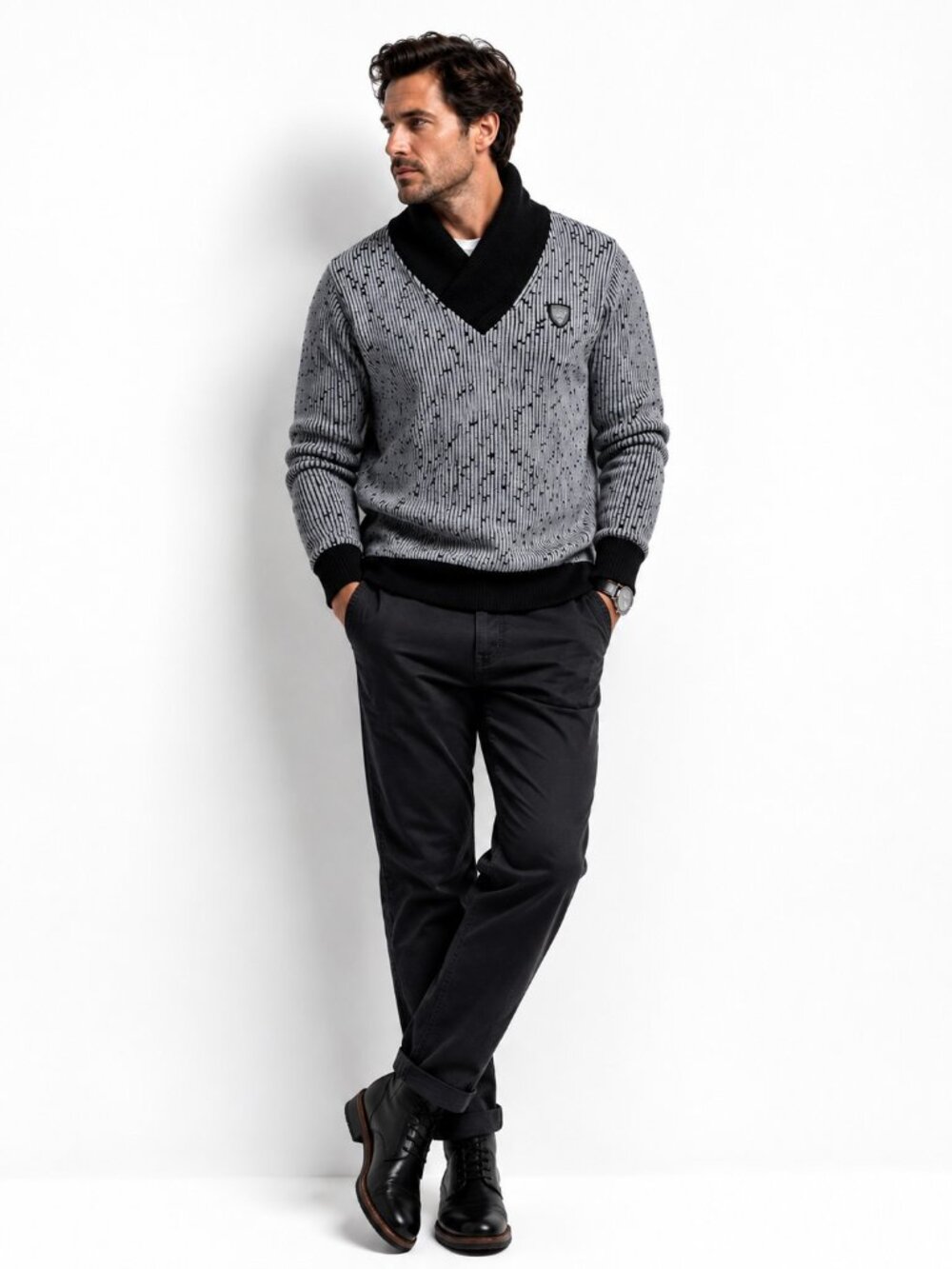 LCR Menswear Collection Scarf Collar Chunky Ribbed Knit Pullover